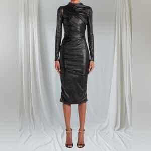 Elegant TOM FORD Ruched Long Sleeve Leather like Dress Size 38